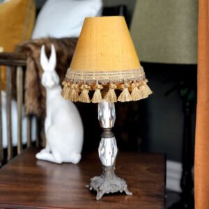 Image of Vintage Petite Glass & Brass Lamp with Tasselled Silk Shade