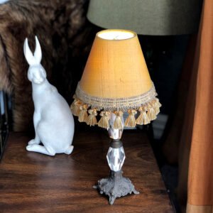 Image of Vintage Petite Glass & Brass Lamp with Tasselled Silk Shade